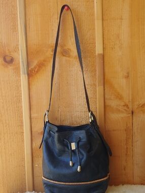 Due Fratelli Black Leather Drawstring Hobo Bag with Gold Accents